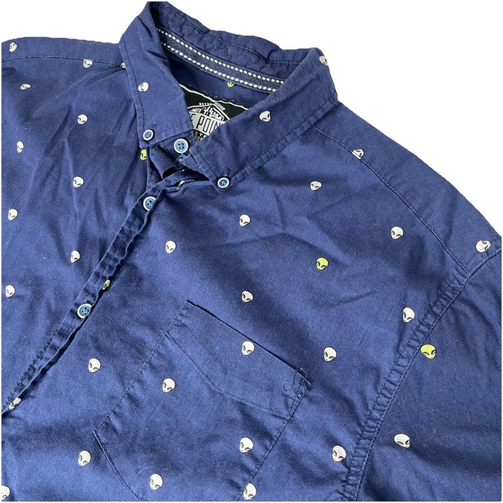 Five Points Retro Men Size L Alien Navy Button Shirt  Slim Fit Flex Short sleeve